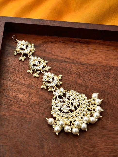 fida white pearls kundan gold-plated crescentl maang tikka for women