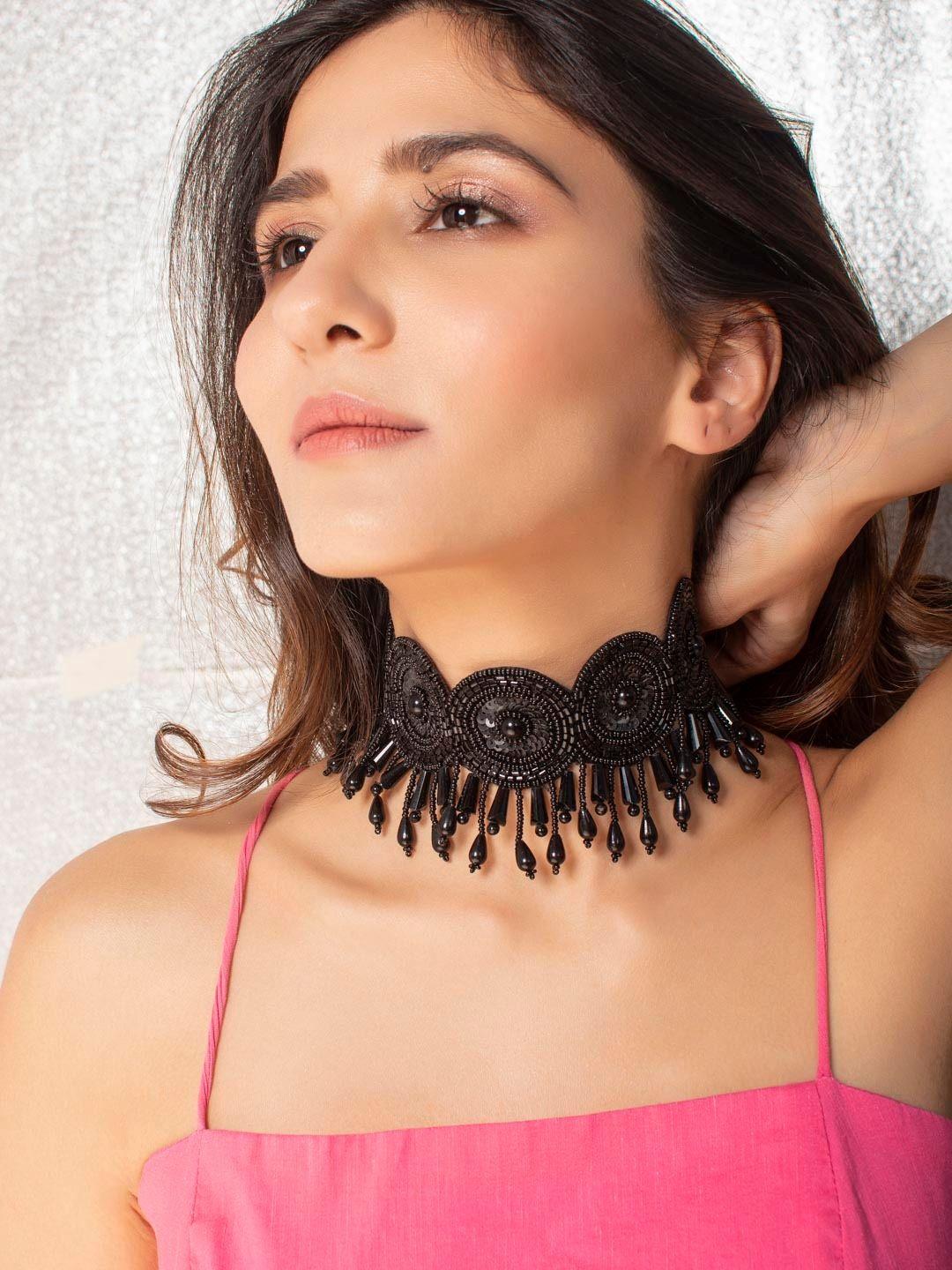 fida women black beaded choker necklace
