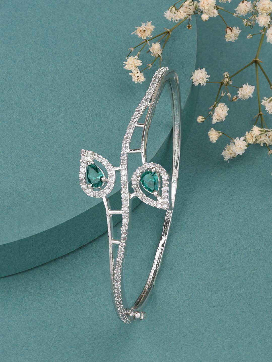 fida women green & white brass american diamond rhodium-plated bangle-style bracelet