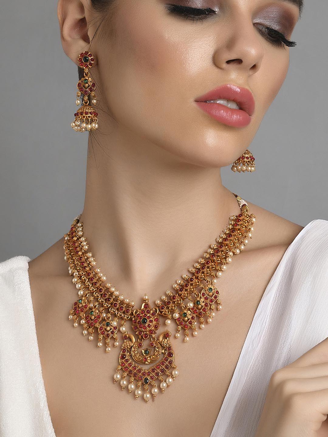 fida women maroon gold-plated white pearl choker jewellery set