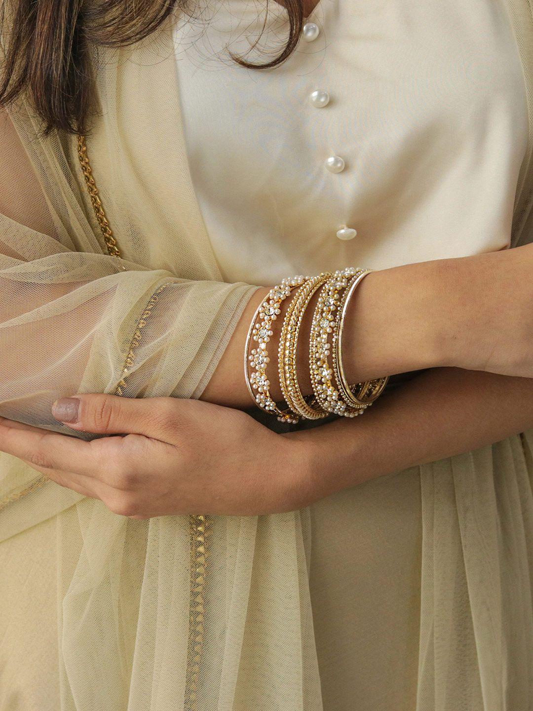 fida women set of 9 gold-plated white stone-studded & beaded bangle