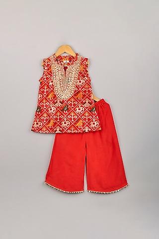 fiery red printed kurta set for girls