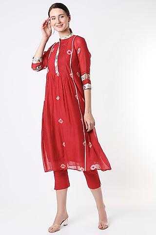 fiery red bandhej printed pleated kurta set