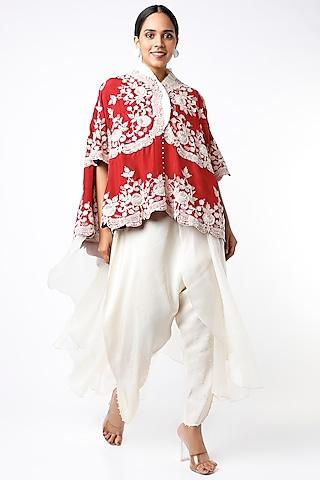 fiery red dupion silk ruffled cape set