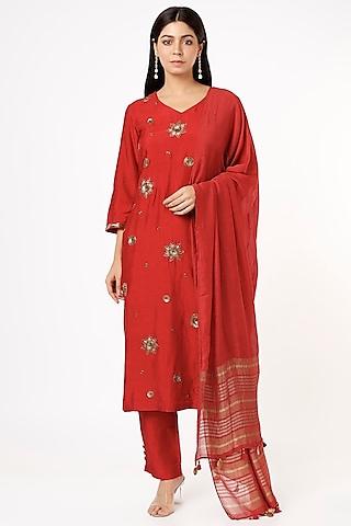 fiery red embroidered kurta set