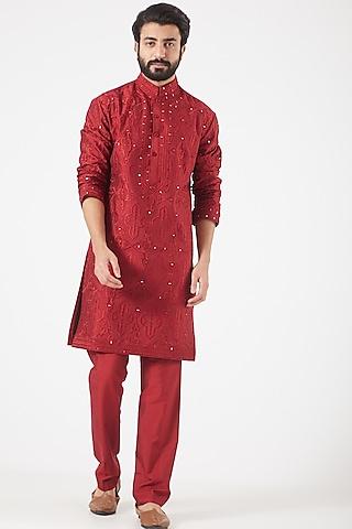 fiery red embroidered kurta set