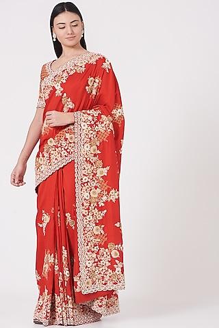 fiery red embroidered saree set