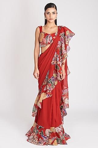 fiery red georgette printed & embellished ruffled stitched saree set