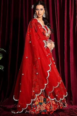 fiery red hand embroidered anarkali jacket set