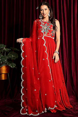 fiery red hand embroidered anarkali set