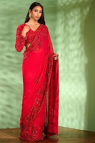 fiery red hand embroidered saree set