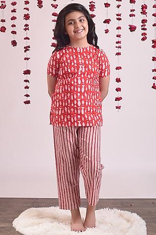 fiery red striped pant set for girls