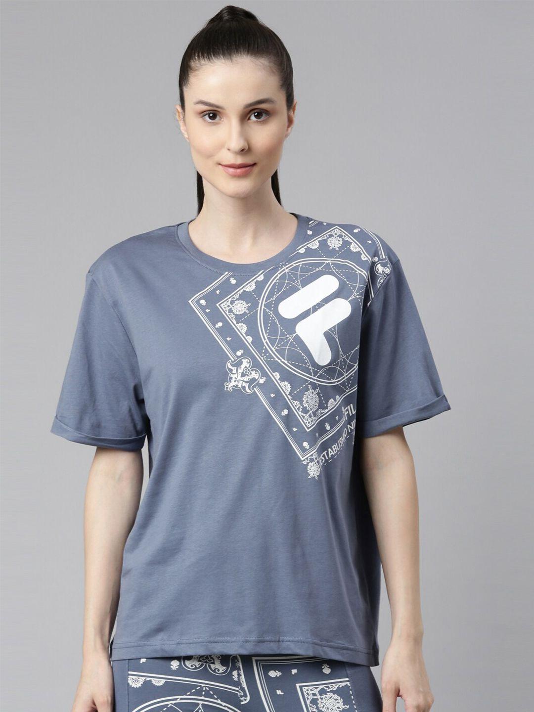 fila women blue printed extended sleeves organic cotton raw edge t-shirt