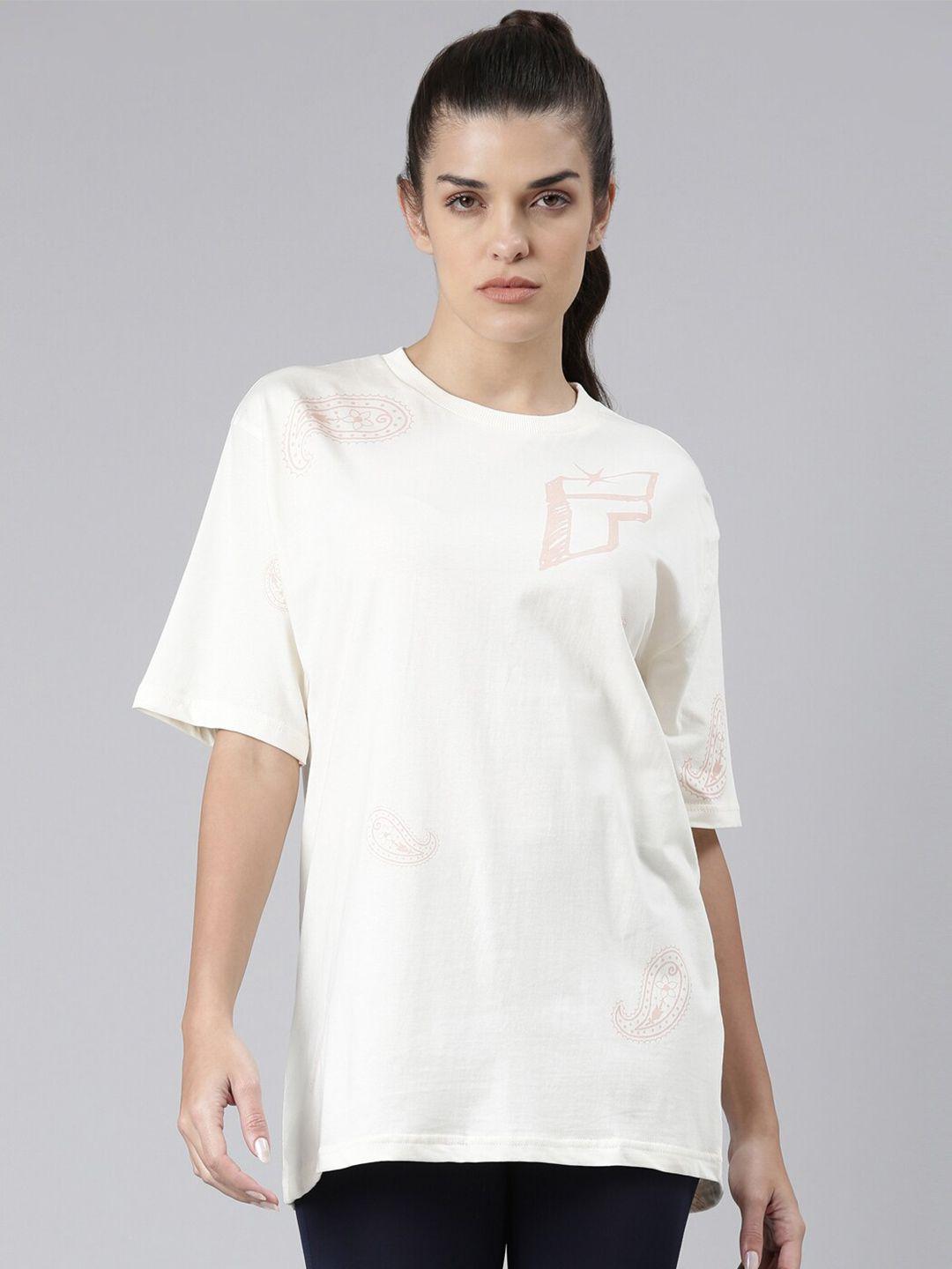 fila women off white printed drop-shoulder sleeves organic cotton t-shirt