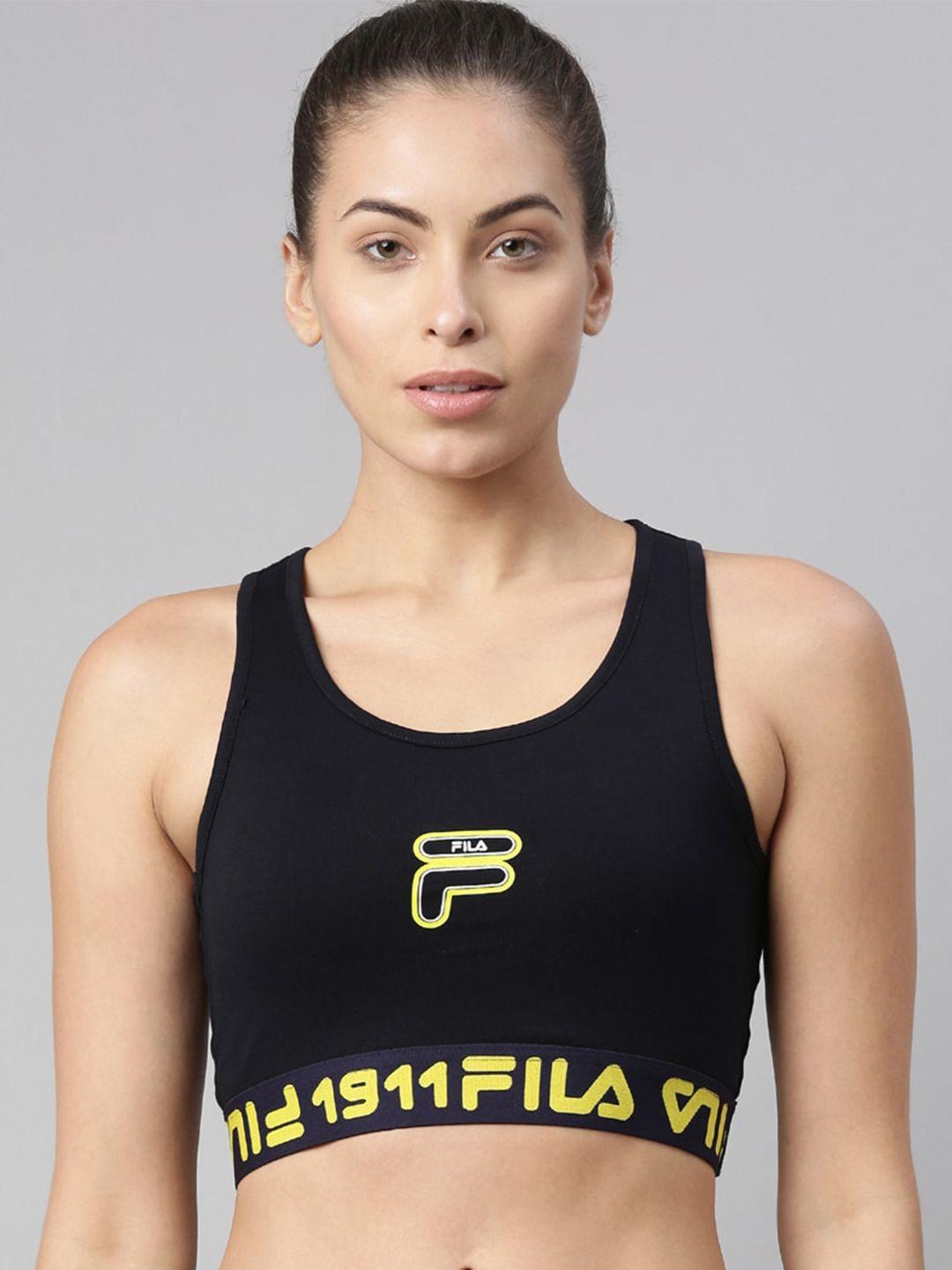 fila black & yellow printed workout bra - wireless
