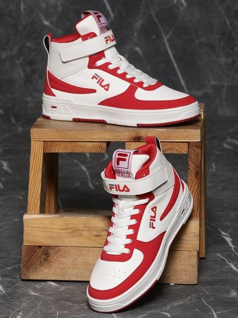 fila men's red & white ankle high sneakers