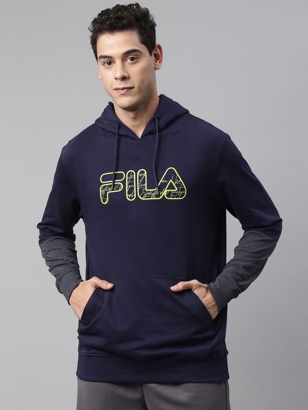 fila men blue & green brand logo printed hooded cotton hamish sweatshirt