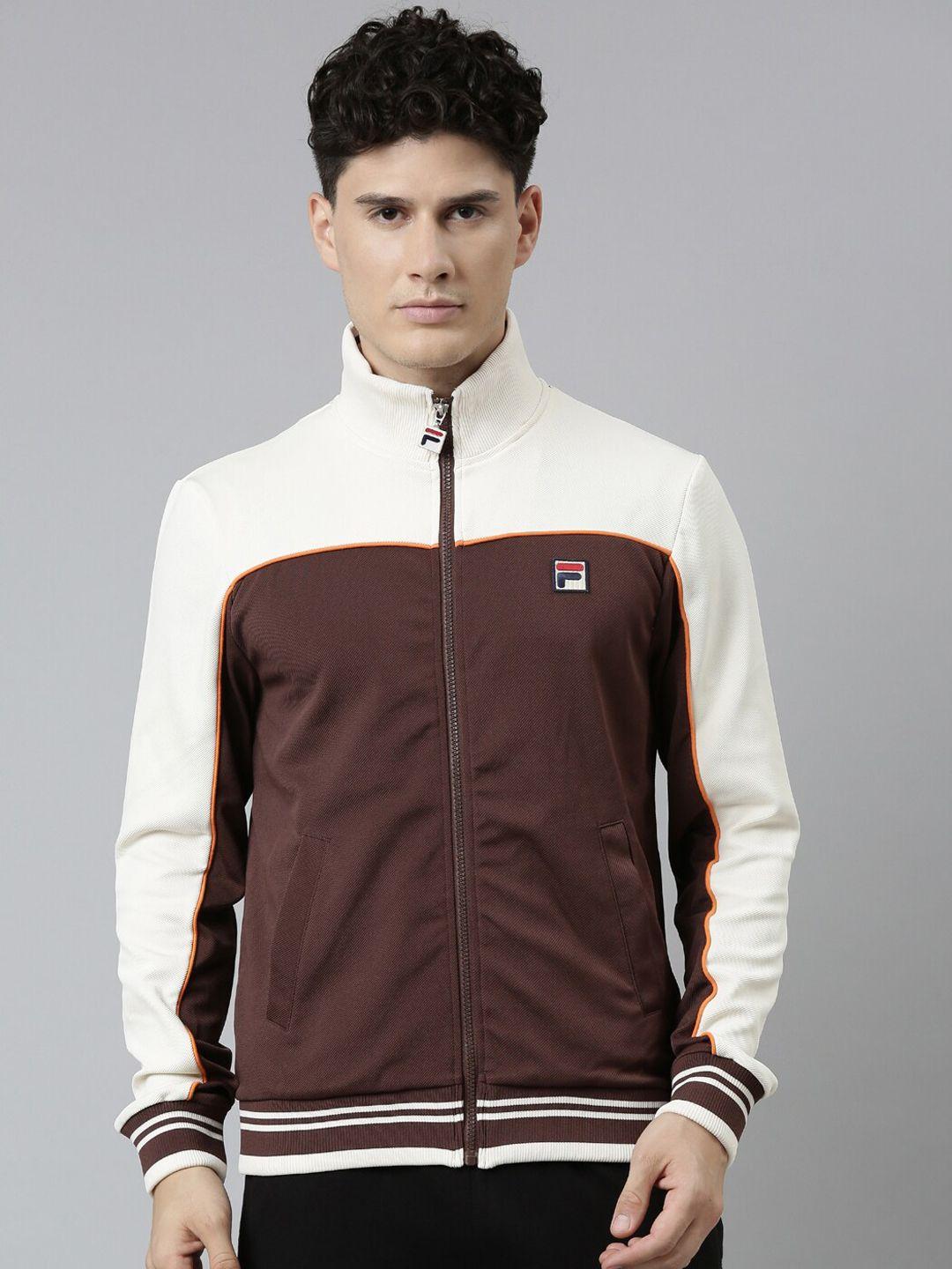 fila men brown cream-coloured colourblocked bomber jacket