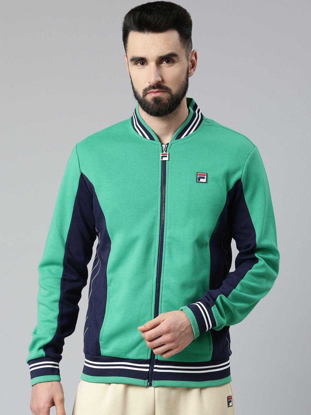 fila men green colourblocked open front jacket