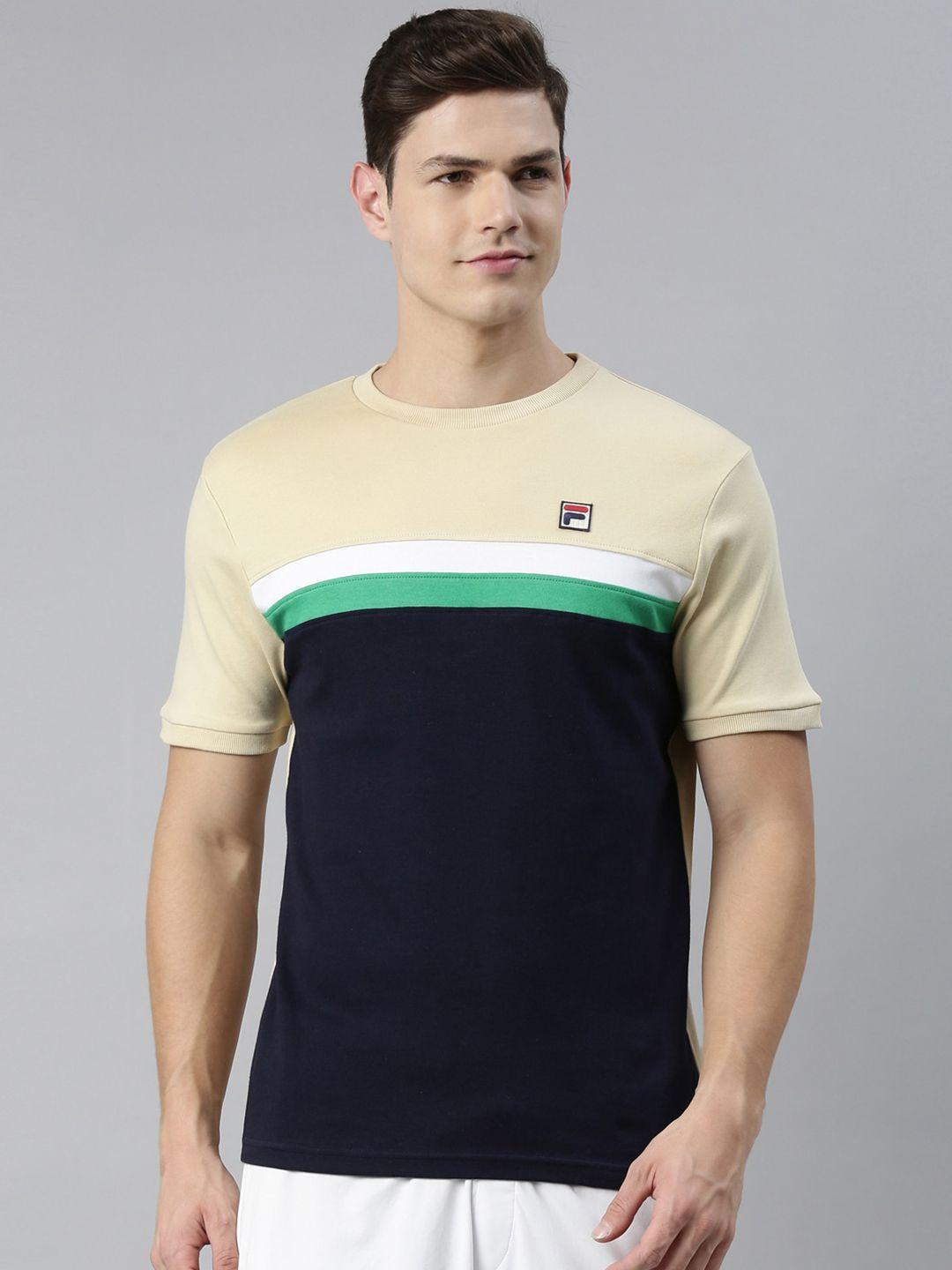 fila men peach-coloured & black colourblocked pure cotton t-shirt