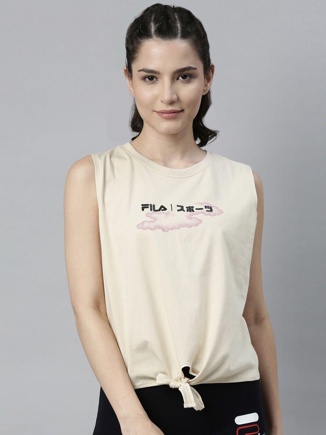 fila women beige typography printed organic cotton training or gym t-shirt