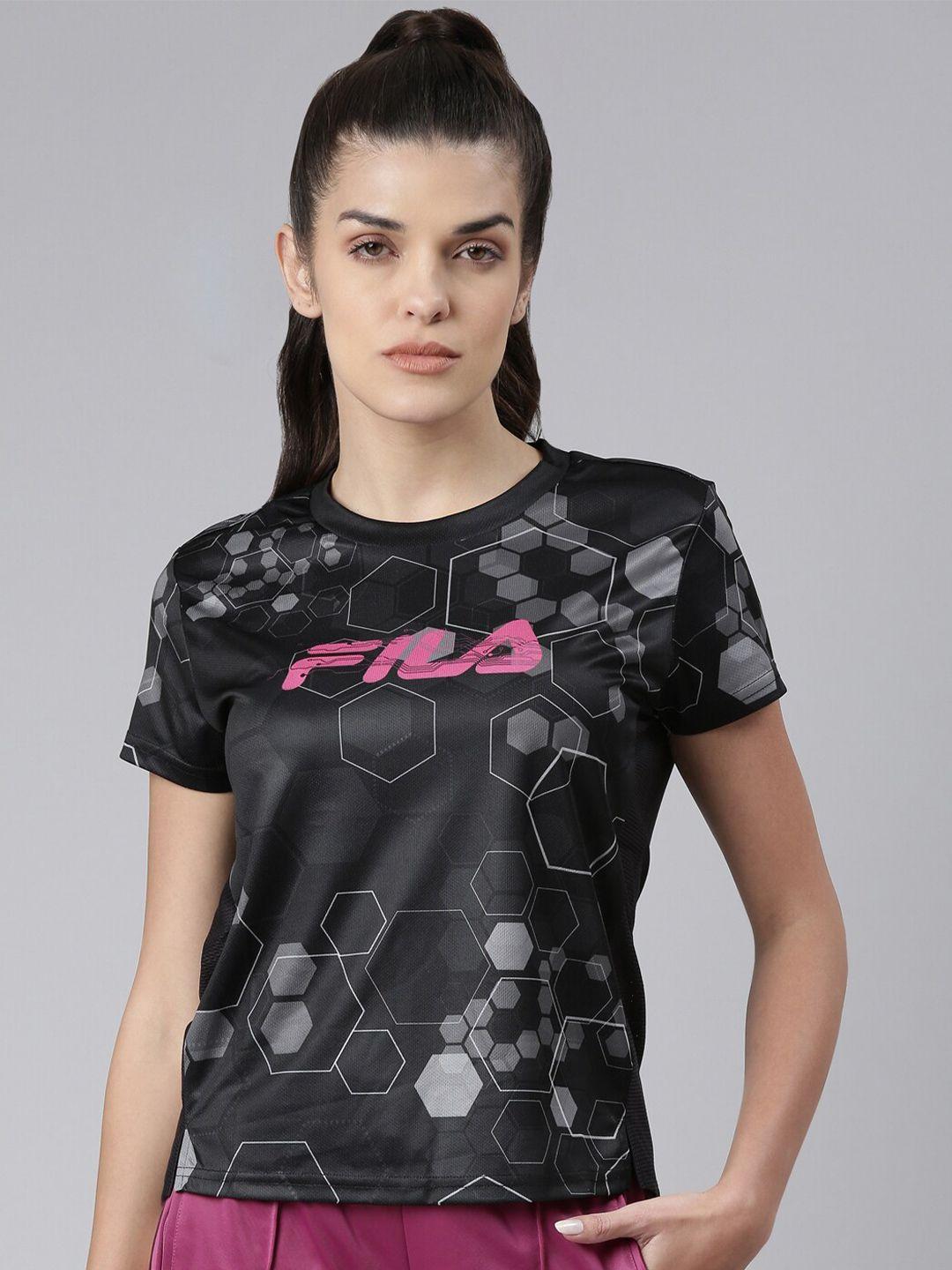 fila women black & pink printed round neck t-shirt