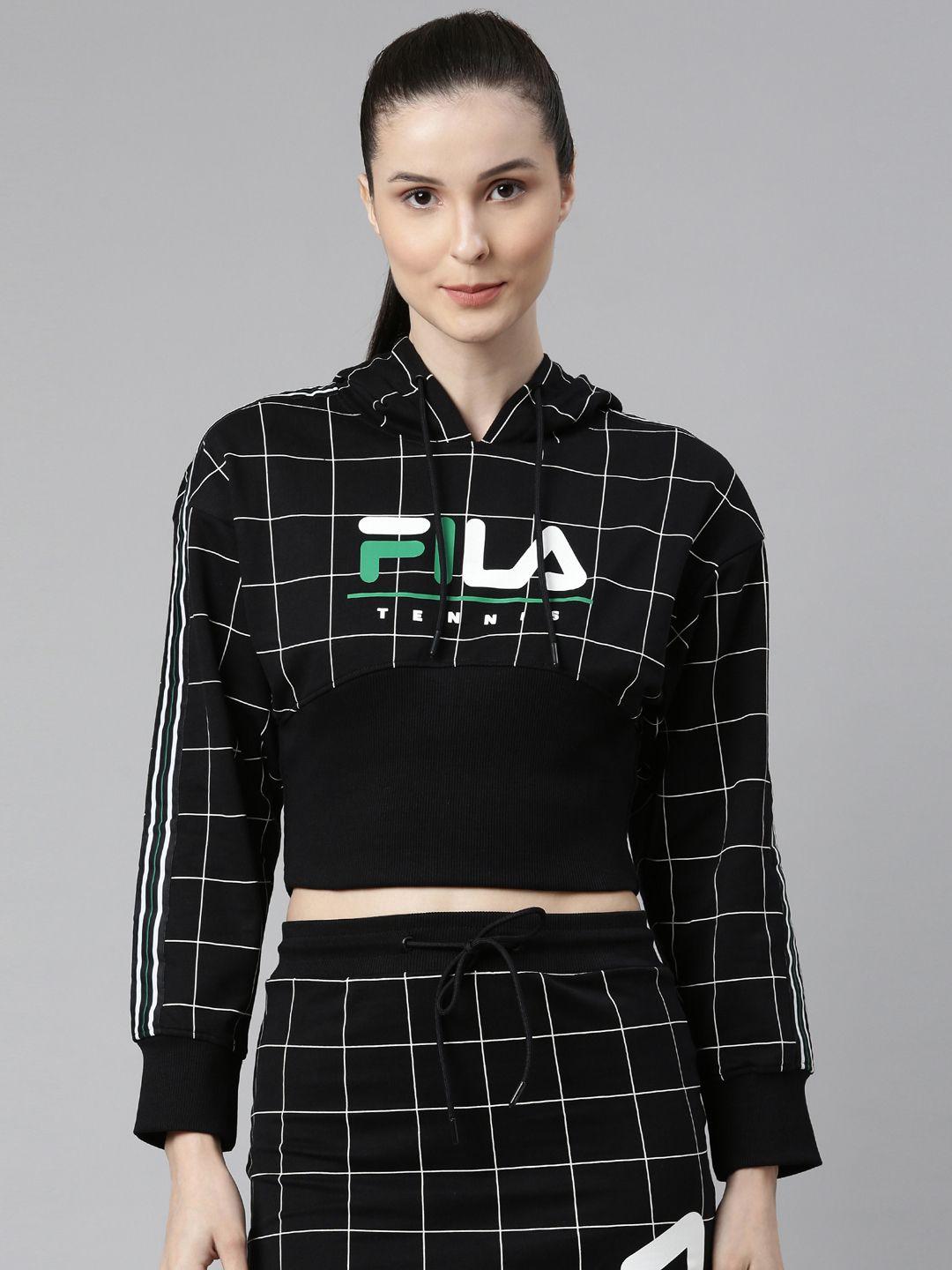 fila women black checked hooded cotton sweatshirt