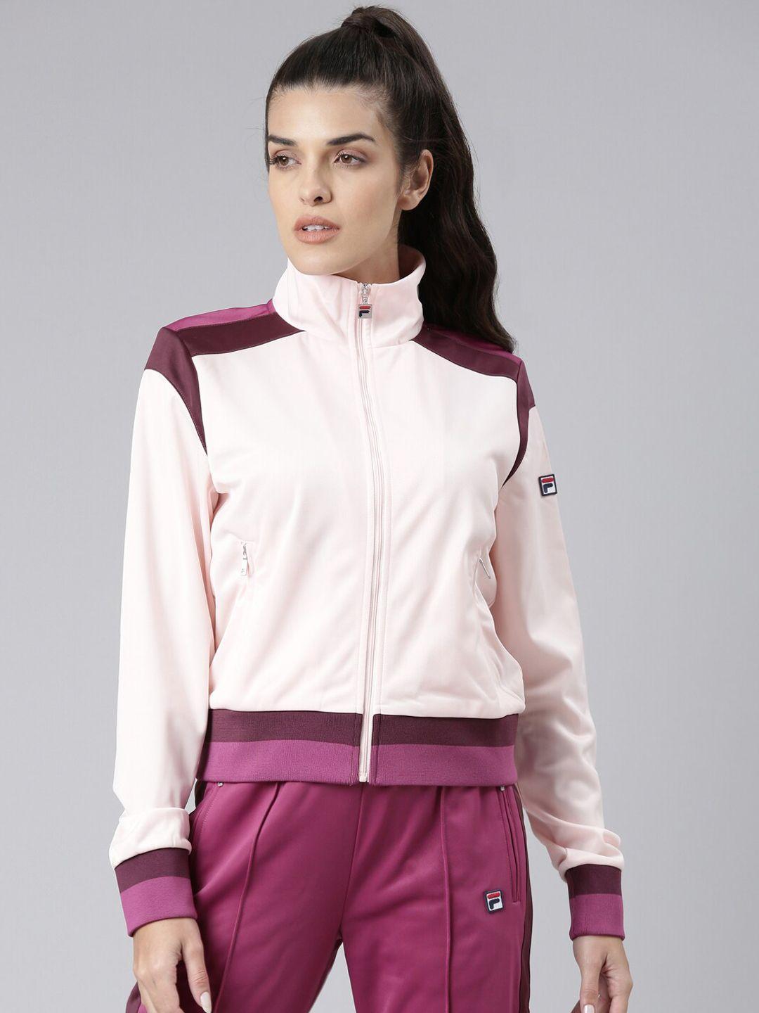 fila women cream-coloured & pink colourblocked crop sporty jacket
