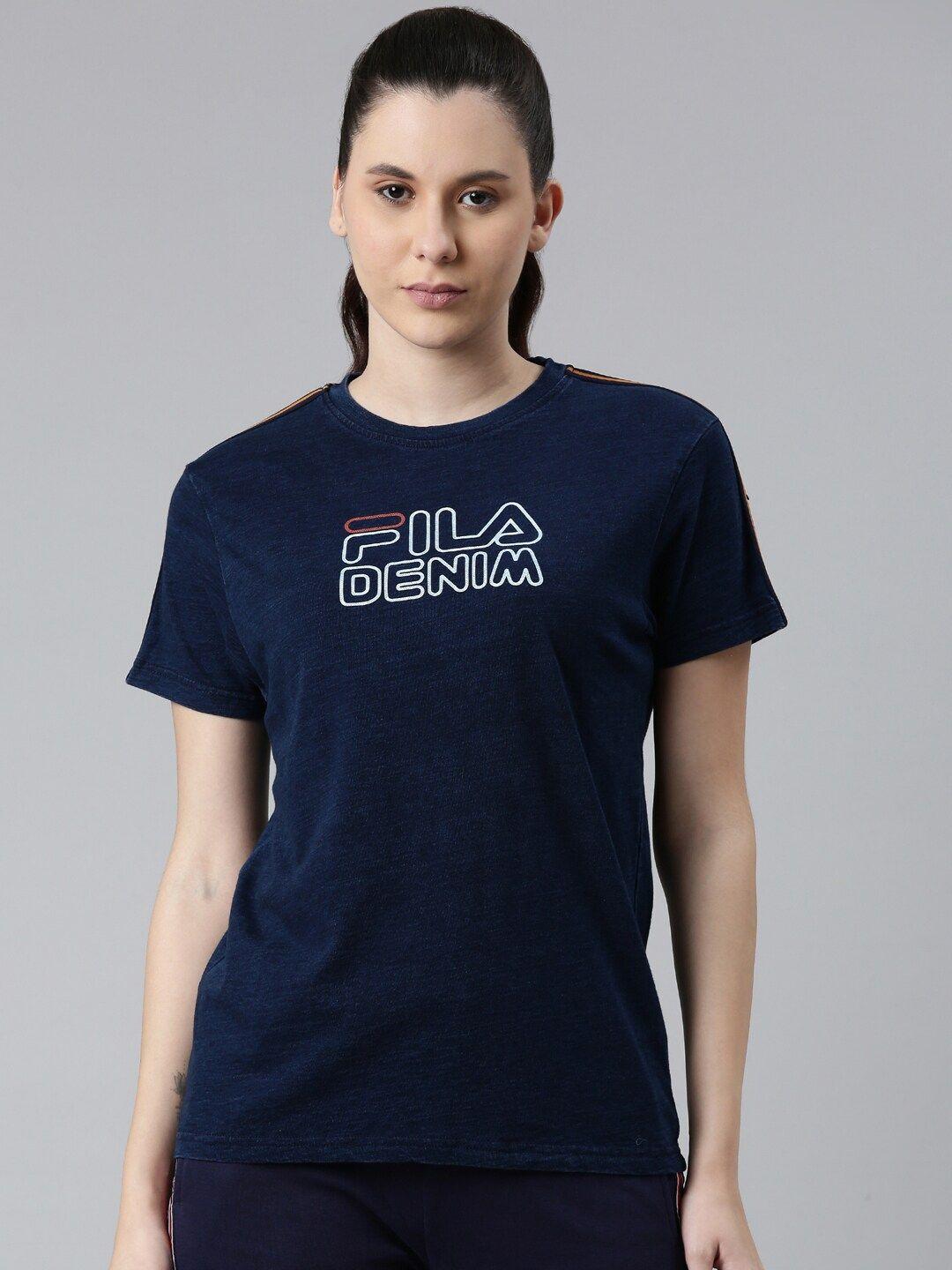 fila women navy blue typography printed organic cotton t-shirt