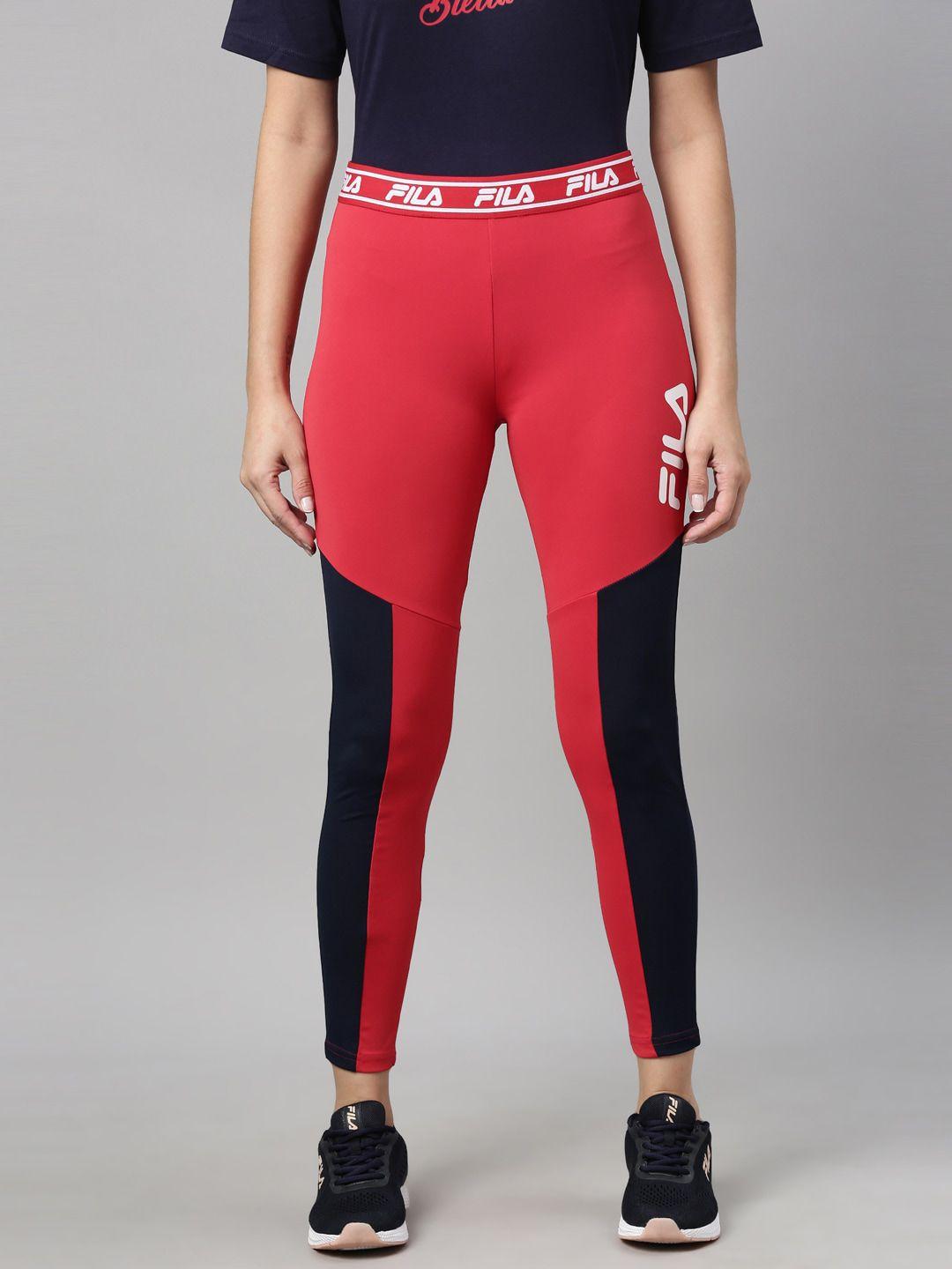 fila women red & navy blue colorblocked slim fit track pants