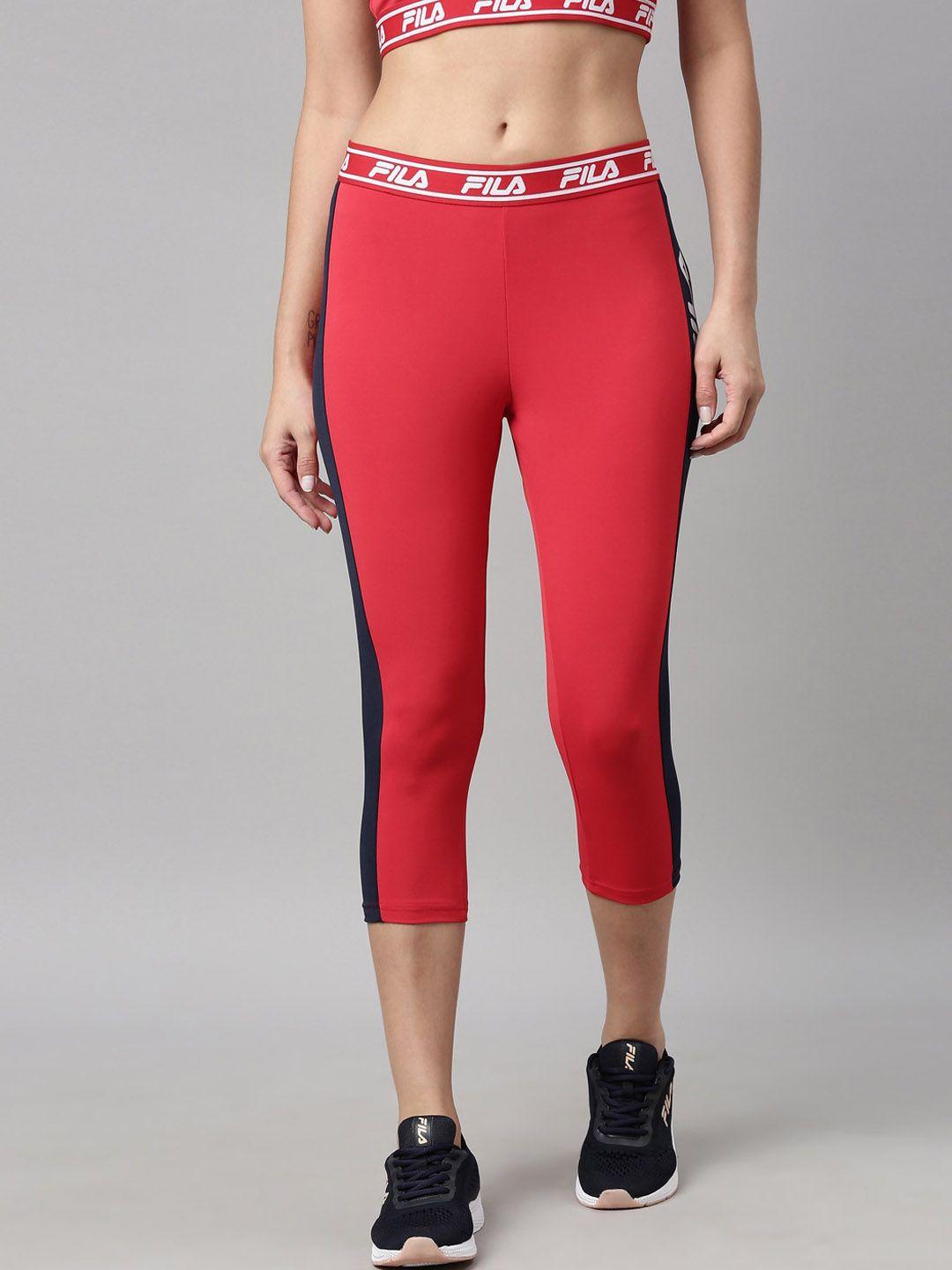 fila women red solid three-fourth length track pants with side panel