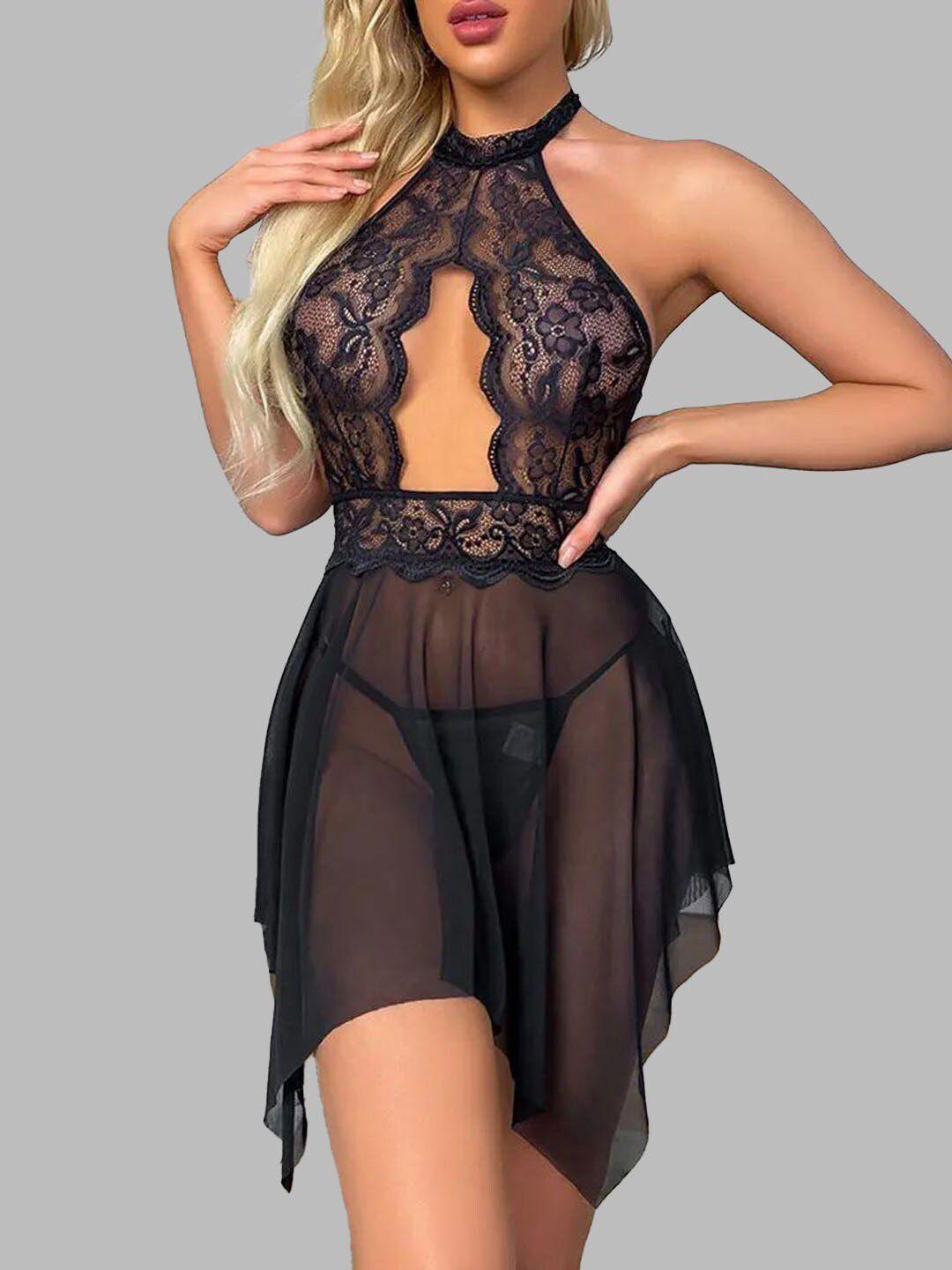 fimbul black net halter neck baby doll with asymmetric