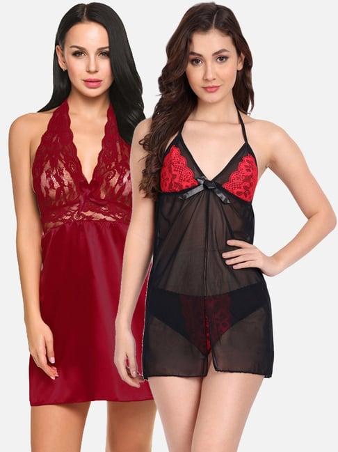 fims: fashion is my style black & maroon lace work babydoll with thong