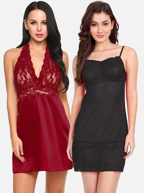 fims: fashion is my style black & maroon lace work babydoll with thong