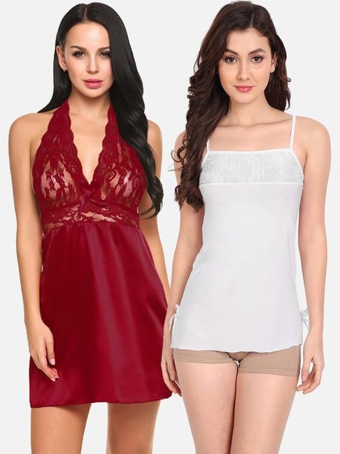 fims: fashion is my style white & maroon lace work babydoll with thong