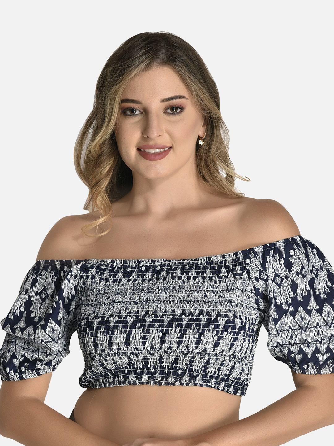 fims blue print off-shoulder crepe bardot crop top