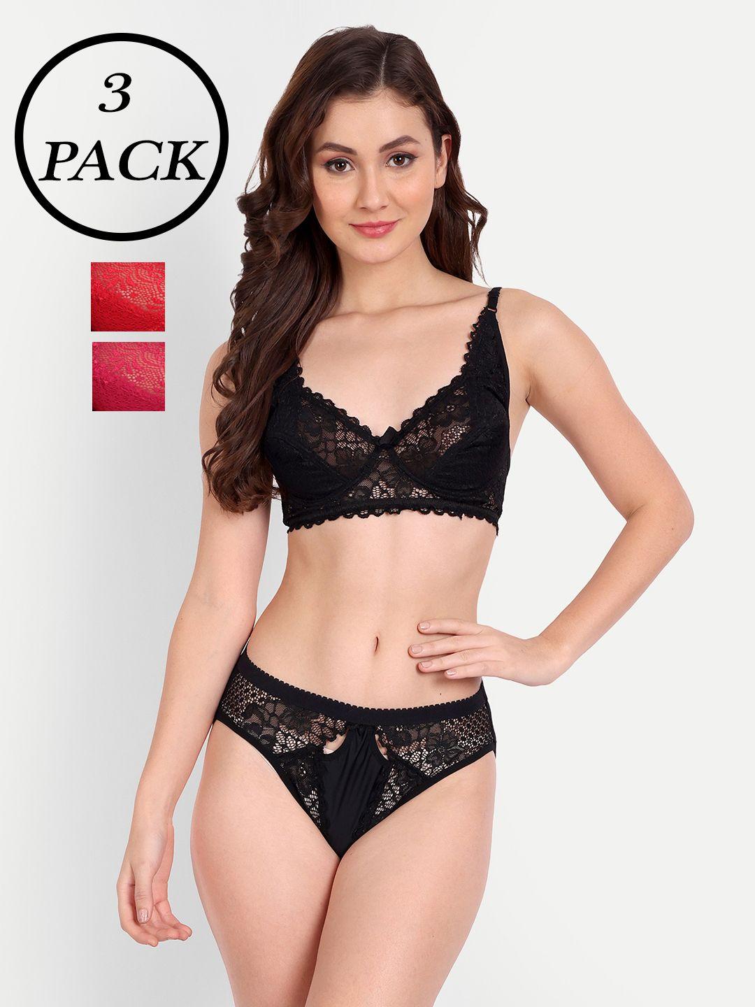 fims pack of 3 lace floral design lingerie set