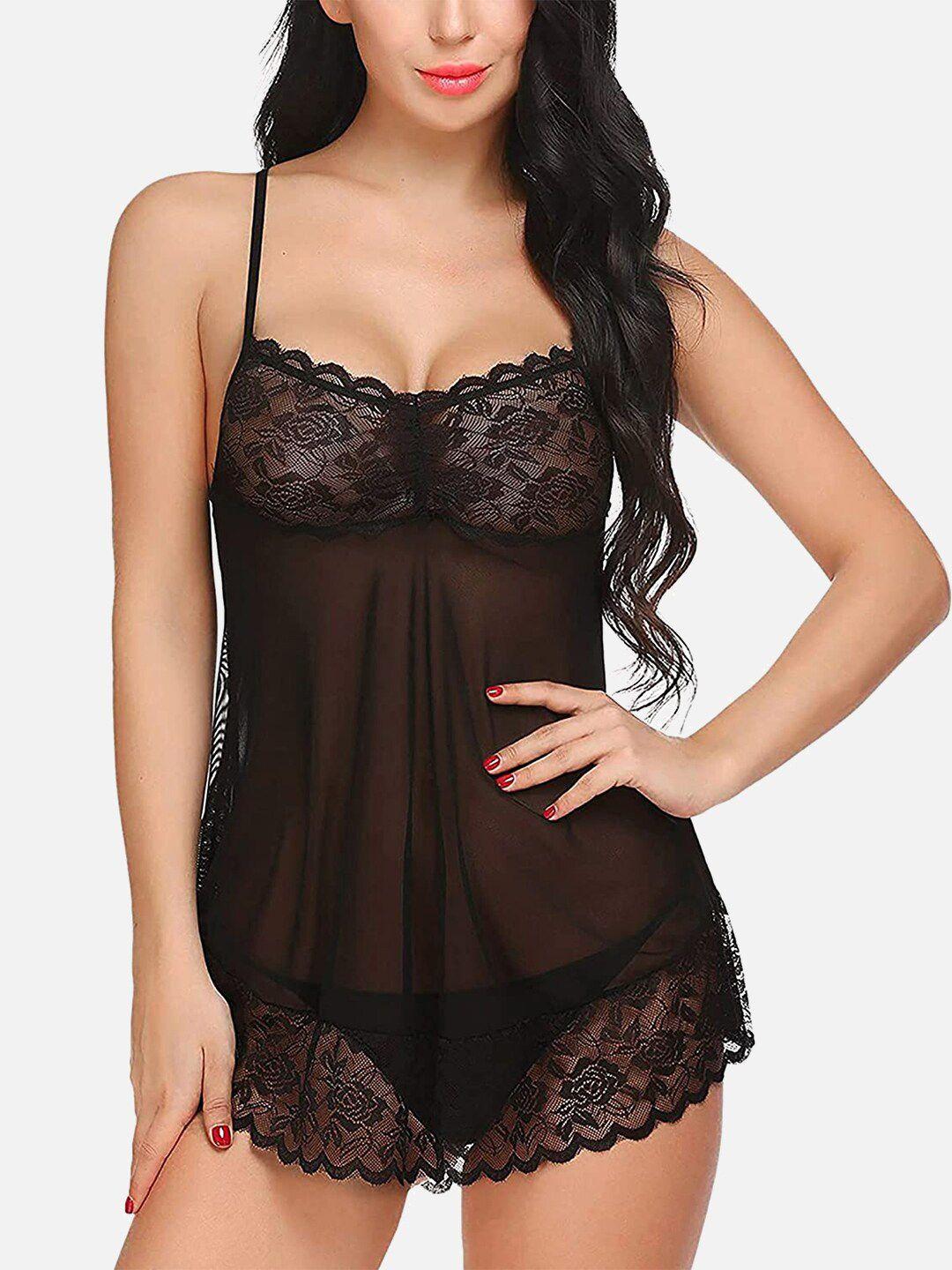 fims self design lace shoulder straps net baby doll