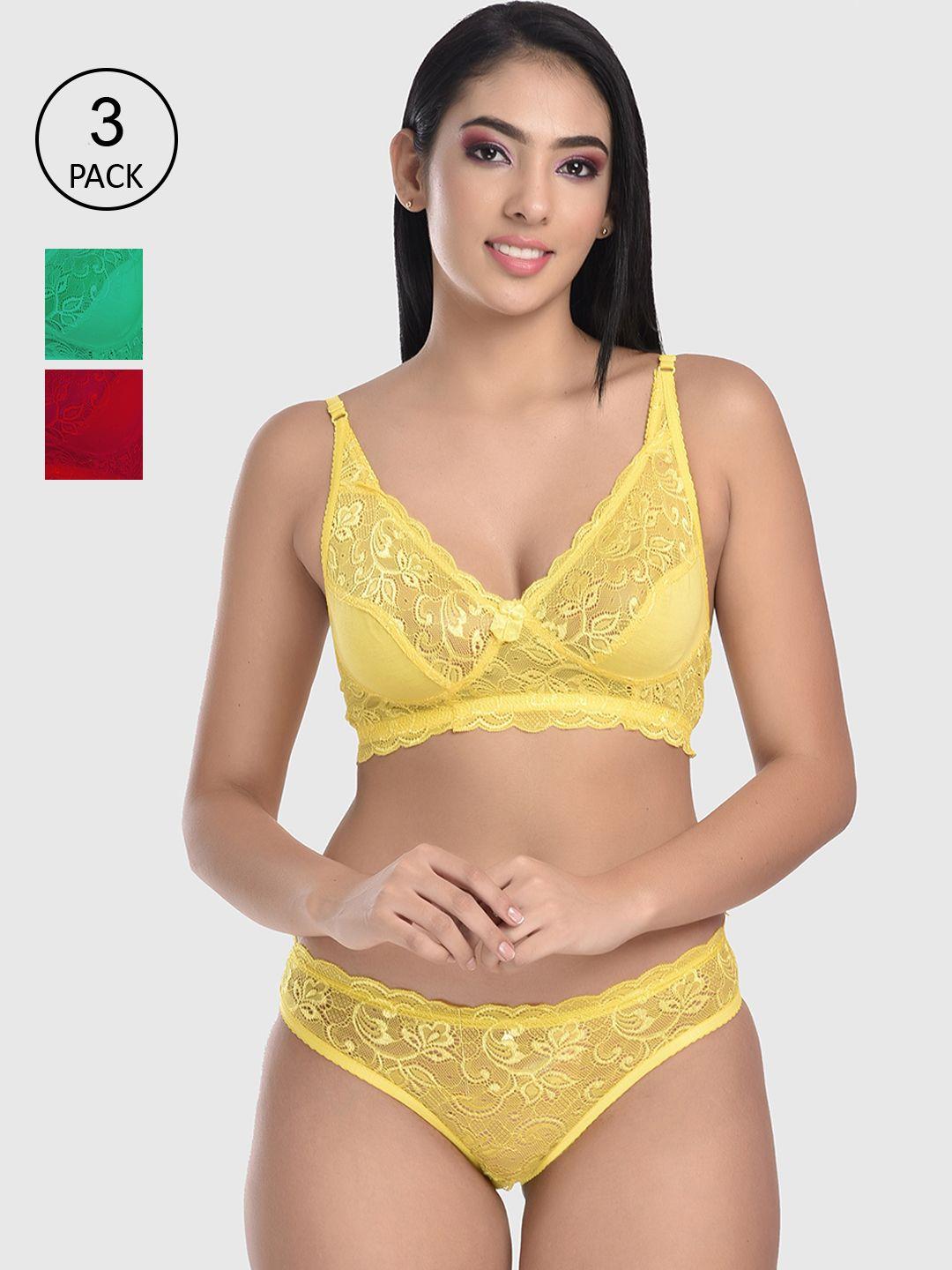 fims set of 3 women printed cotton lace lingerie set
van:i-ten_set_packof3_yellowgreenmaroon