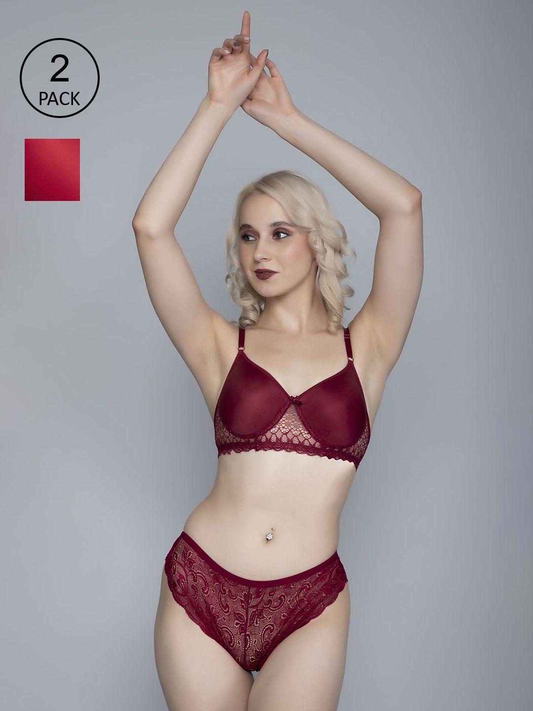 fims women pack of 2 red & maroon solid cotton lingerie set