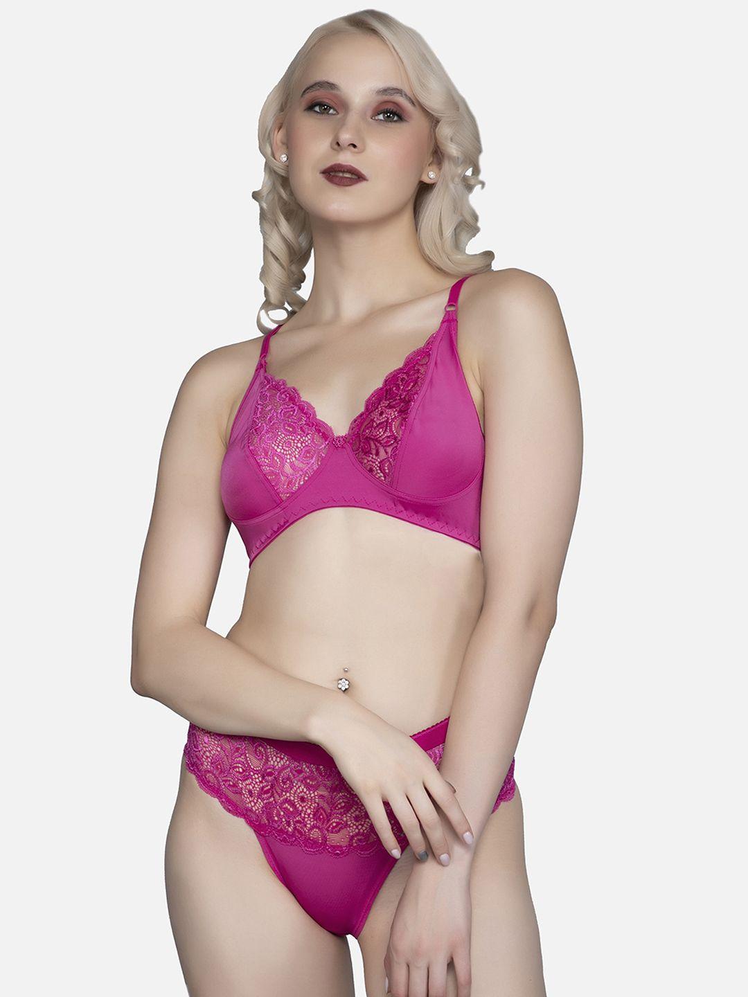fims women pink cotton lycra floral lingerie set