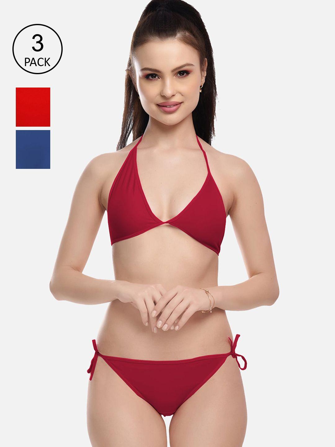 fims women red & blue set of 3 solid lingerie set