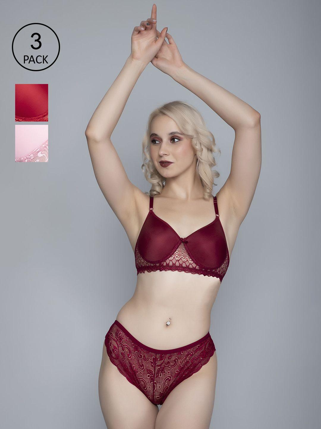 fims women red & maroon pack of 3 solid cotton lingerie set