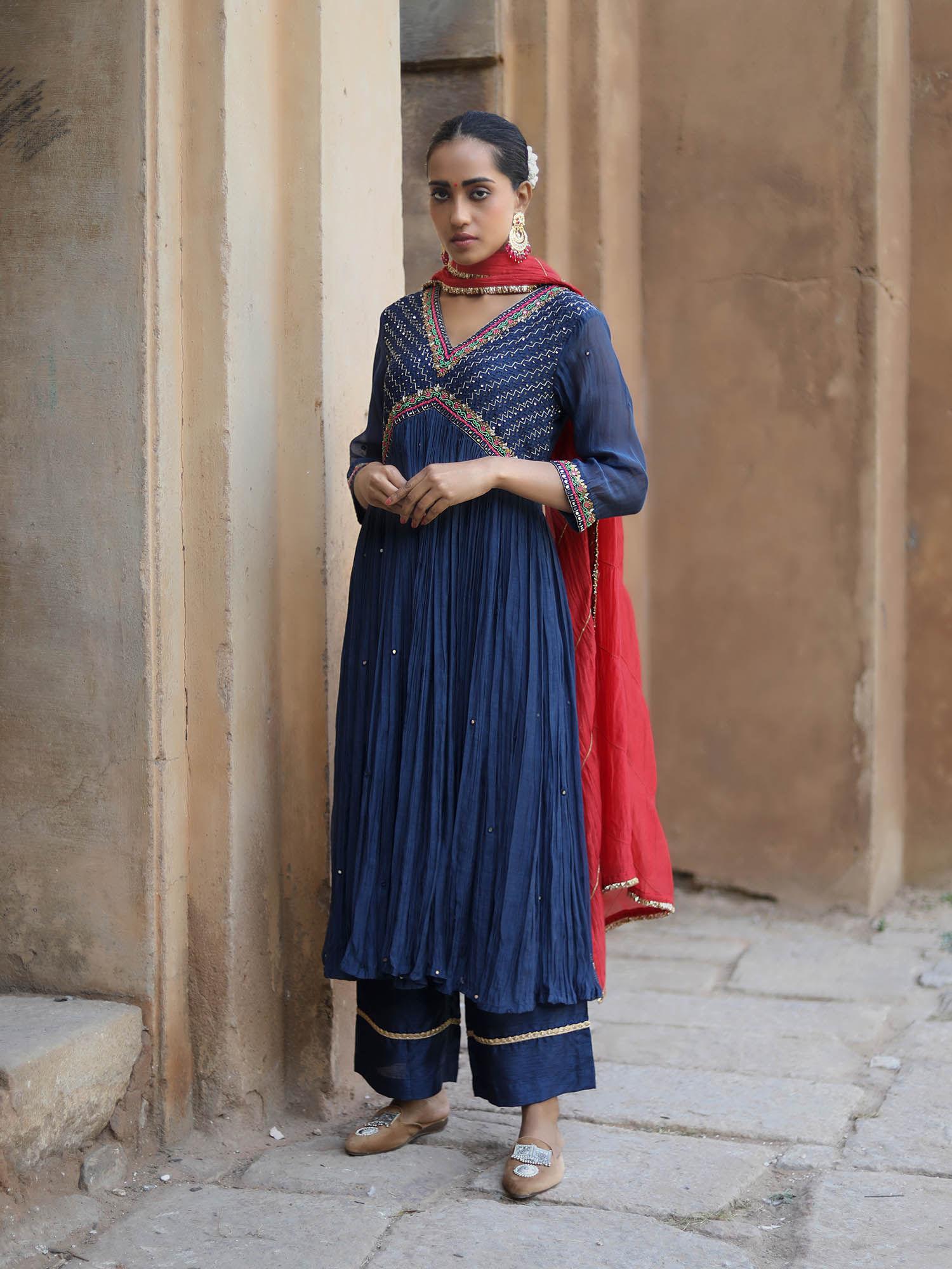 fine chanderi kurta and dupatta with cupro silk pant-navy blue (set of 3)