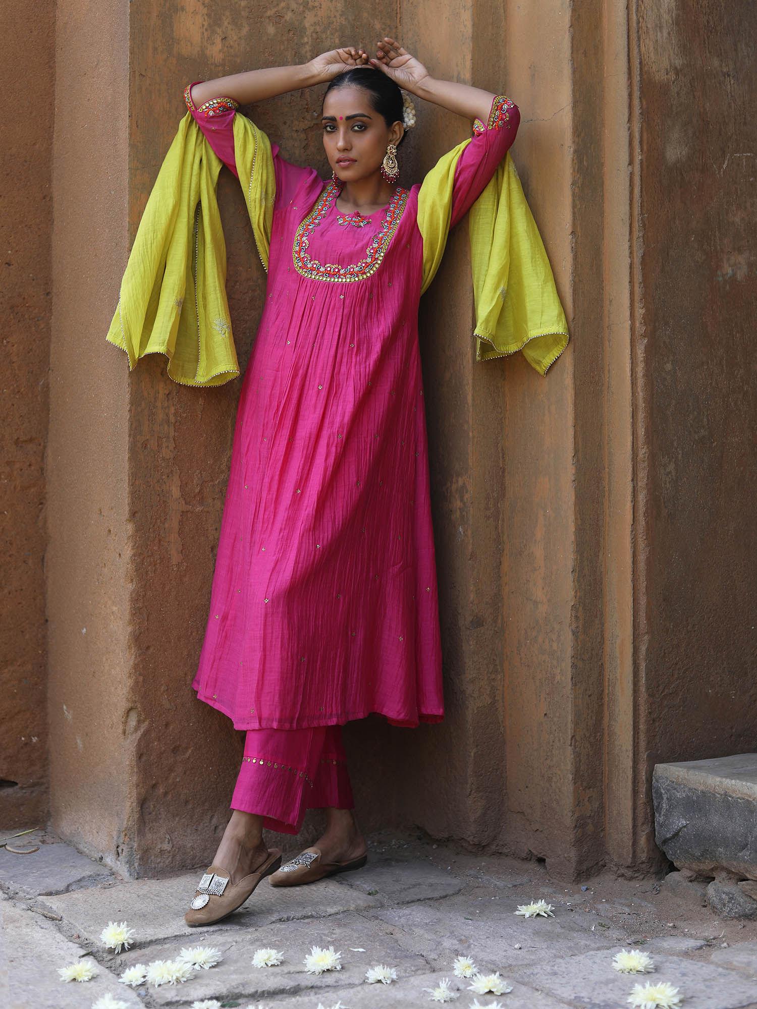 fine chanderi kurta and dupatta with cupro silk pant-pink (set of 3)