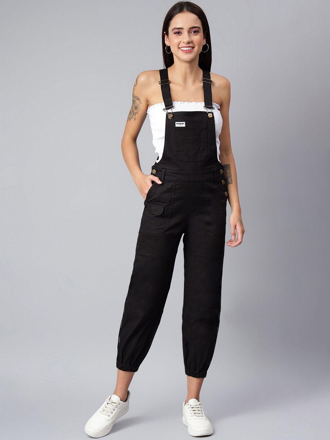 finsbury london women black solid cotton dungarees