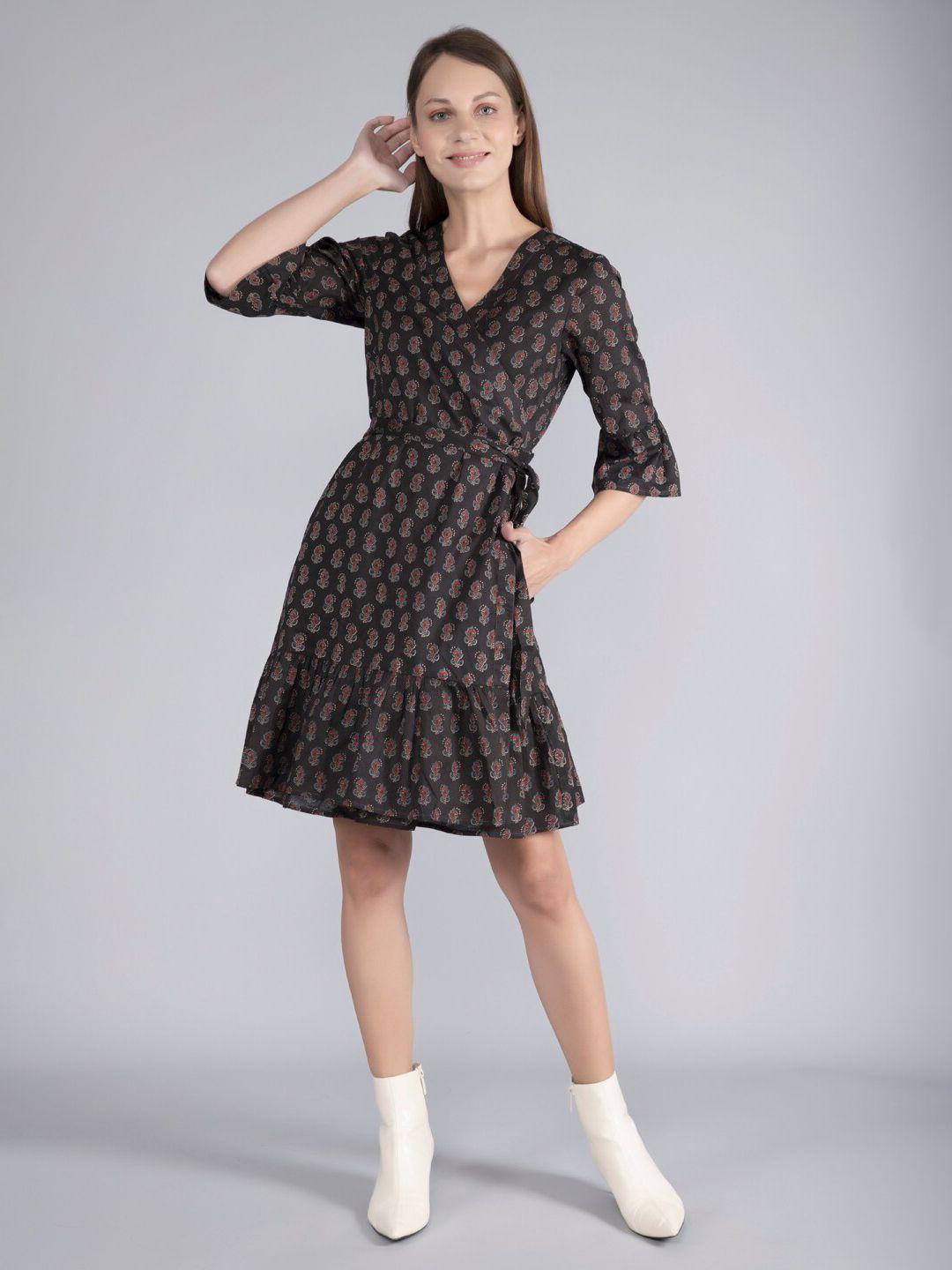 finsbury london floral printed bell sleeves cotton wrap dress