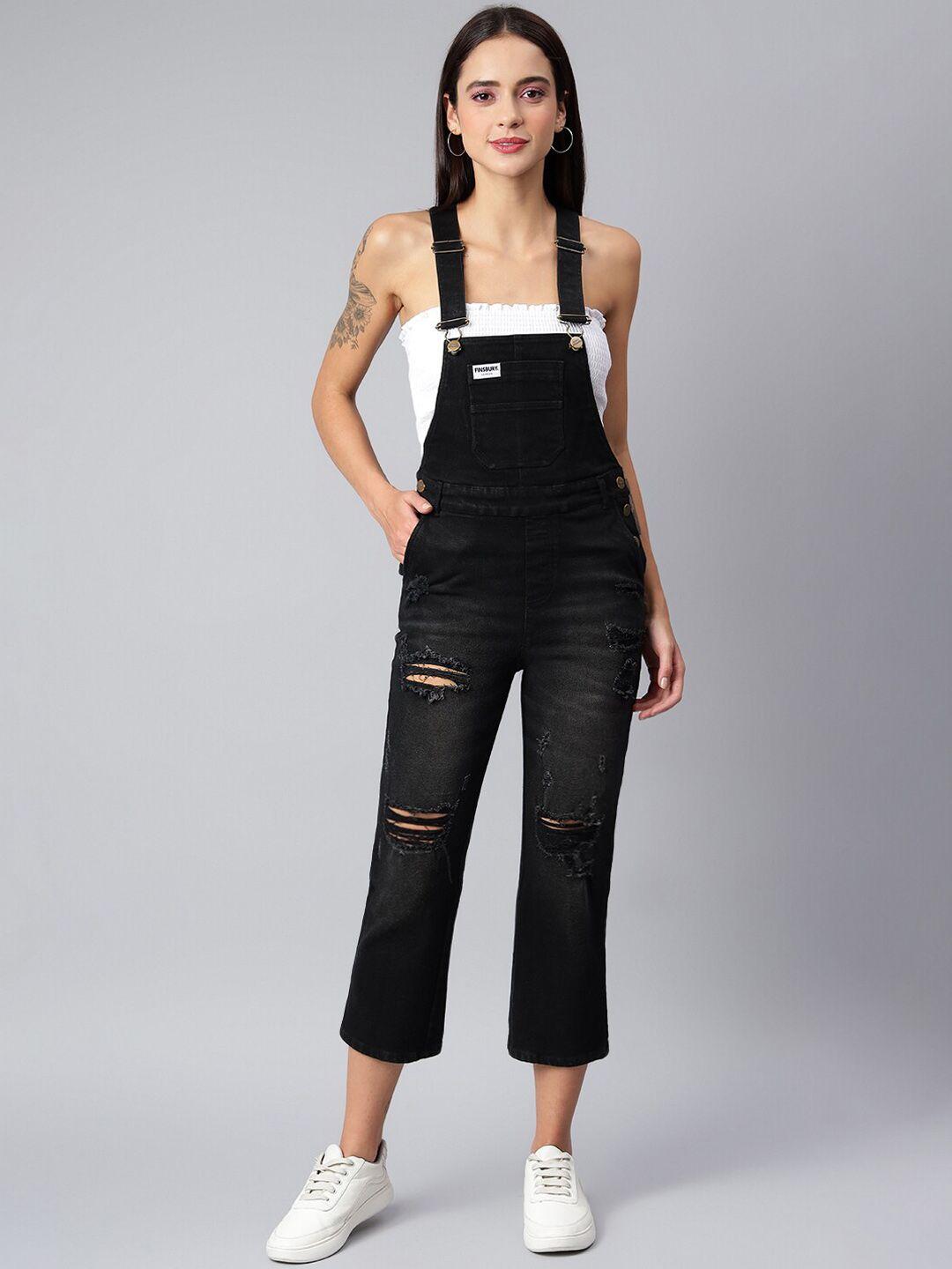 finsbury london women black ripped cotton straight-leg denim dungaree