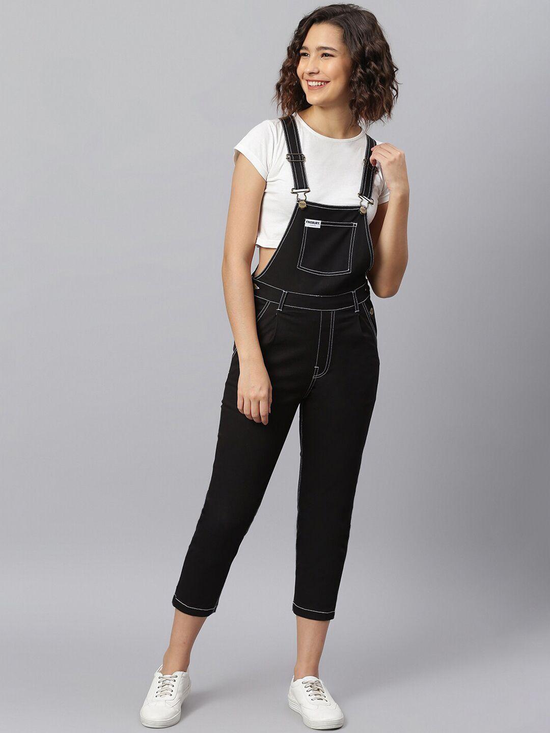 finsbury london women black solid straight leg cotton dungarees