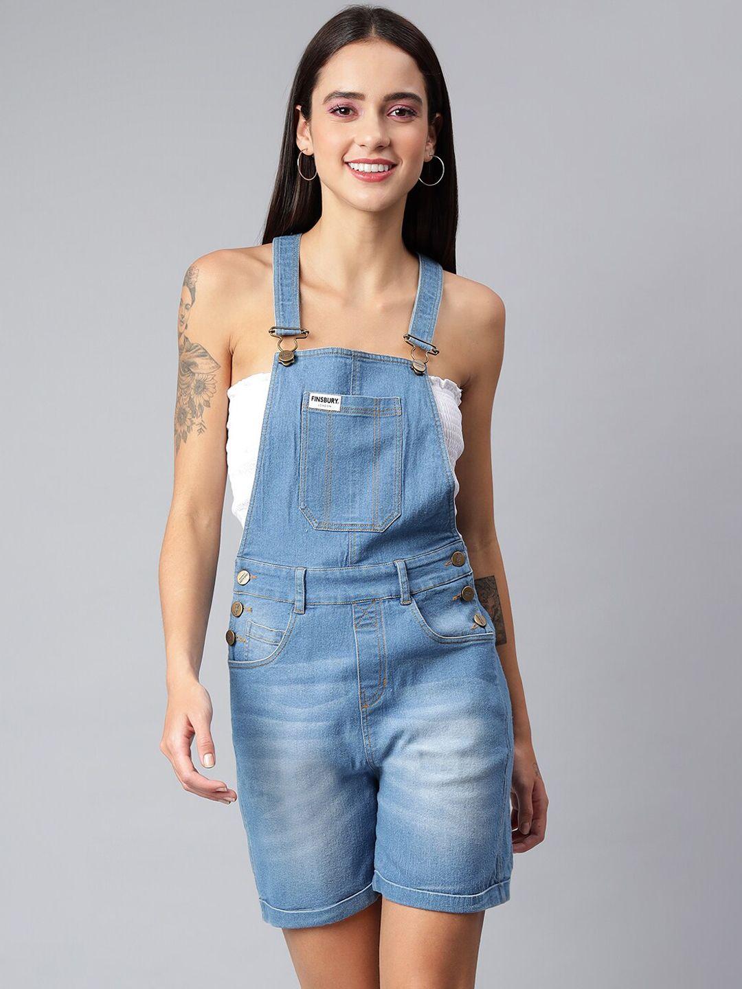 finsbury london women blue solid cotton slim-fit denim dungarees